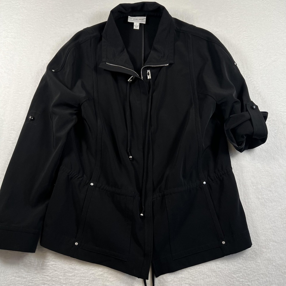 St. John Sport Jacket Womens‎ Petite P Black Softshell Zip Pockets Drawstring